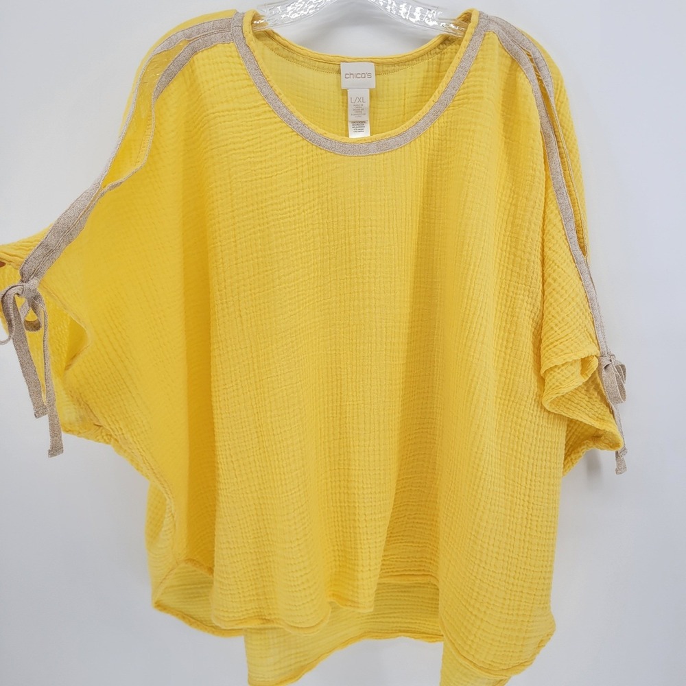 Chicos Butter Yellow Cotton Gauze Poncho Top L/XL Cold Shoulder Tie Sleeve Light